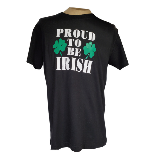 Show off your Irish pride with this t-shirt featuring the text "PROUD TO BE IRISH" with some four-leaf clovers to bring you some luck.  White text is printed on a black t-shirt.