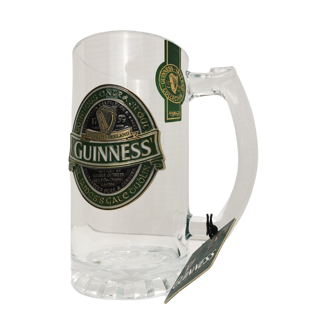 Feel like you are at an Irish pub while relaxing at home with our Guinness beer stein. Featuring the classic emblem embossed harp and textured glass and metal Guinness logo.  Official Guinness Beer Stein Thick Durable Glass  Embossed Logo in green