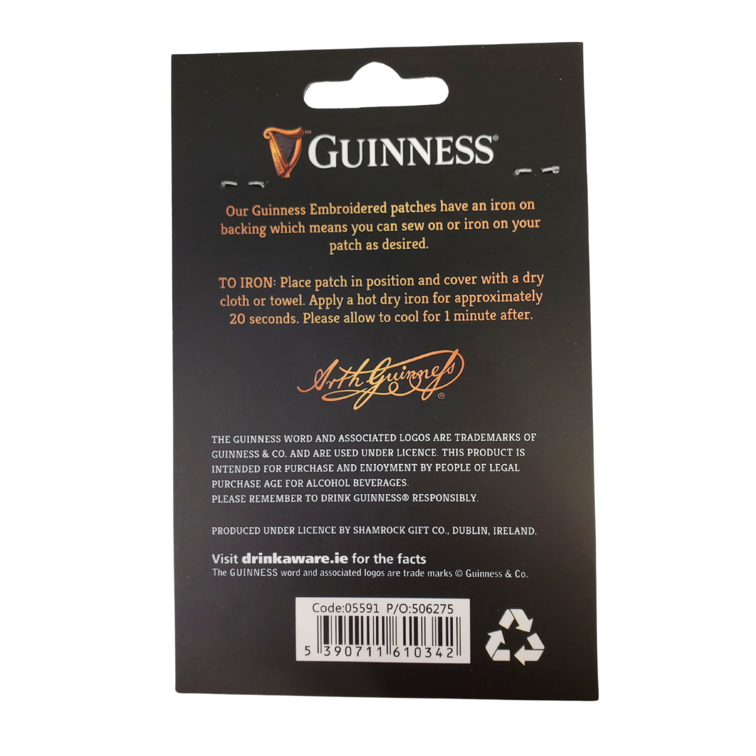 Back View of Package - Add a splash of colour onto your fabrics with our iron-on Guinness patch. This patch features the Guinness mascot balancing the famous stout beer from its beak. Bring your old jeans back to life!   Usage Instructions:   Place patch where you would like it  Heat up iron to 70°C - 80°C Iron for 30 seconds  Let cool 
