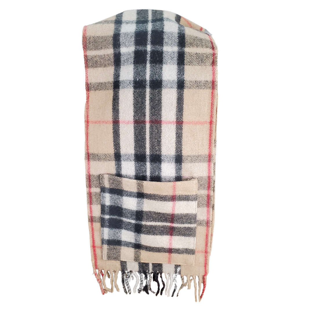 Forget dresses with pockets, we now have scarves with pockets!!! This gorgeous scarf is made with 100% merino wool. Originally worn by shepherds tending their flocks in the Scottish Border area. Now worn globally as a timeless pattern, everyone needs a piece of tartan fabric in their wardrobe.  Imported from Scotland