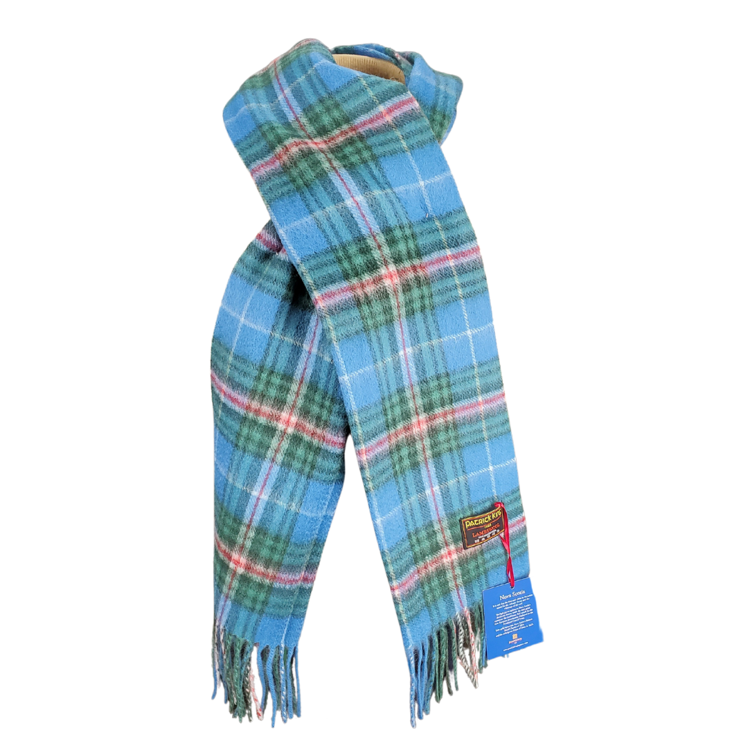 This gorgeous scarf is sure to keep you warm this winter. Made with 100% lambswool.  It is said that the blue and white in the tartan stands for the Atlantic Ocean and the whitecaps of the surf. The light green represents Nova Scotia's deciduous forests, while the dark green represents the coniferous. Red stands for the Lion Rampant prominently displayed on the Provincial Coat of Arms. Last, gold represents Nova Scotia's historic Royal Charter of 1621 and the subsequent Grant of Arms in 1625.