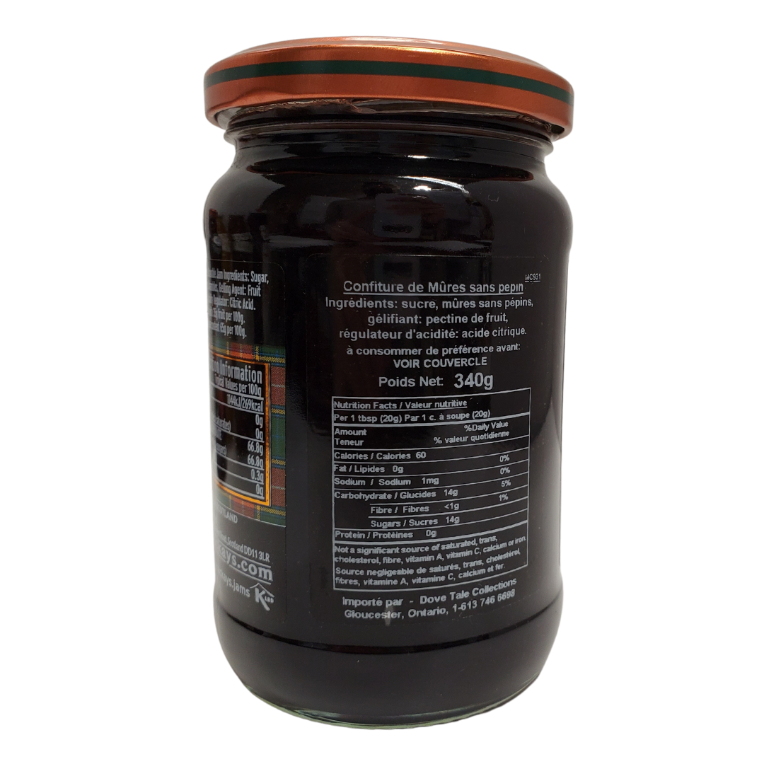 View of nutritional facts - Mackays seedless bramble preserve. Made in small batches.  Size: 340g.