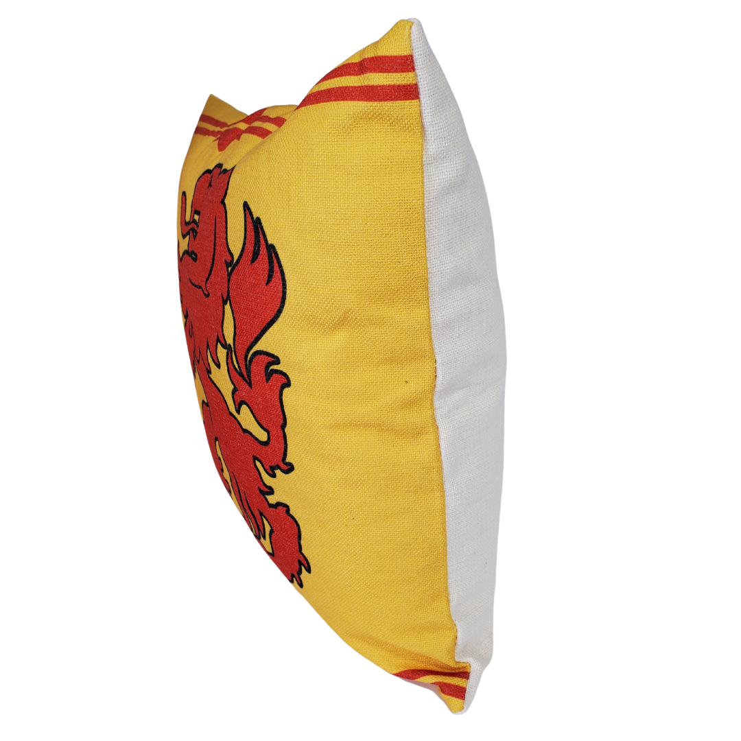 An easy way to add a pop of colour into any room! Perfect for your favoutite chair, sofa, or tossed on the bed with our decorative pillows. Add a fun accent into any room with this Scottish Lion Rampant Flag throw pillow.  Throw pillows really do have the ability to transform a room from being uninviting to warm and welcoming.  Comes with a pillow cover and insert. 