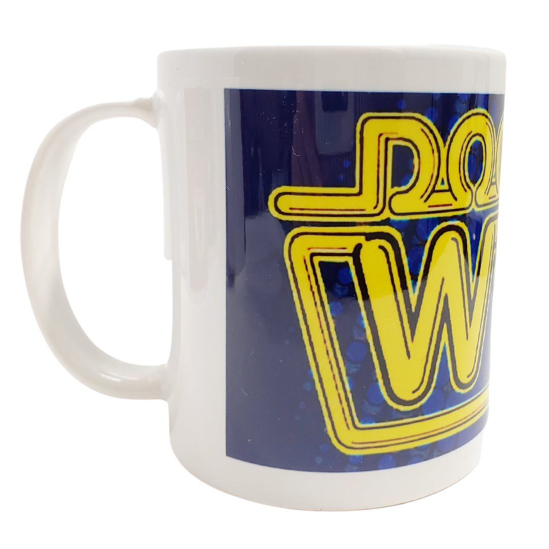 Enjoy your morning coffee or tea with this Dr. Who drinking mug. White ceramic mug with a vibrant blue and yellow. Standard-sized coffee mug.   You can get a matching magnet for only $2.99 with the purchase of a mug! 