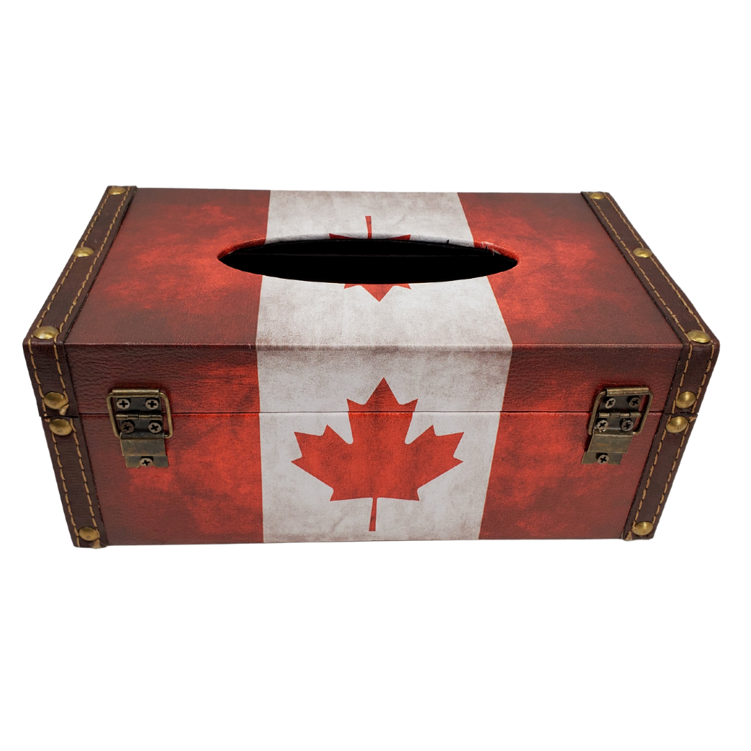 This beautiful burnt-looking tissue box is a beautiful way to showcase your patriotism. The dimensions are 4" H x 10" W x 5.5" D and can hold a standard-sized tissue box. Has a gorgeous faux leather trim along the edges to give it a vintage look. The interior of the box is lined with black linen and can be opened by unlatching the gold lock. 