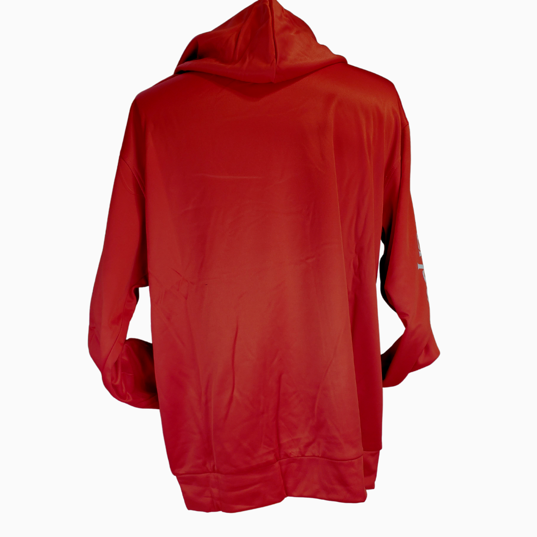 Whether you are cheering from the stands or cheering from the couch you can show your team spirit off with this vibrant red hoodie. This Liverpool Football Club hoodie has the official team logo printed on the chest with the text L.F.C. immediately below it. Down the sleeve has the printed text "Liverpool FC." Also features a kangaroo patch and drawstring hood.