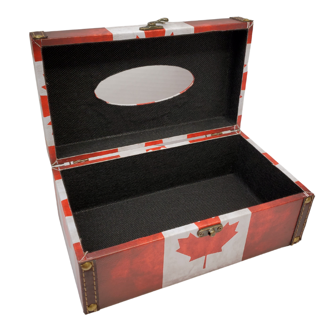 This beautiful burnt-looking tissue box is a beautiful way to showcase your patriotism. The dimensions are 4" H x 10" W x 5.5" D and can hold a standard-sized tissue box. Has a gorgeous faux leather trim along the edges to give it a vintage look. The interior of the box is lined with black linen and can be opened by unlatching the gold lock. 
