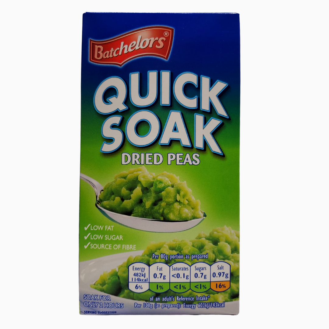 Batchelor's quick soak dried peas. Low Fat, Low Sugar, Source of fibre. Only need to soak for two hours.
