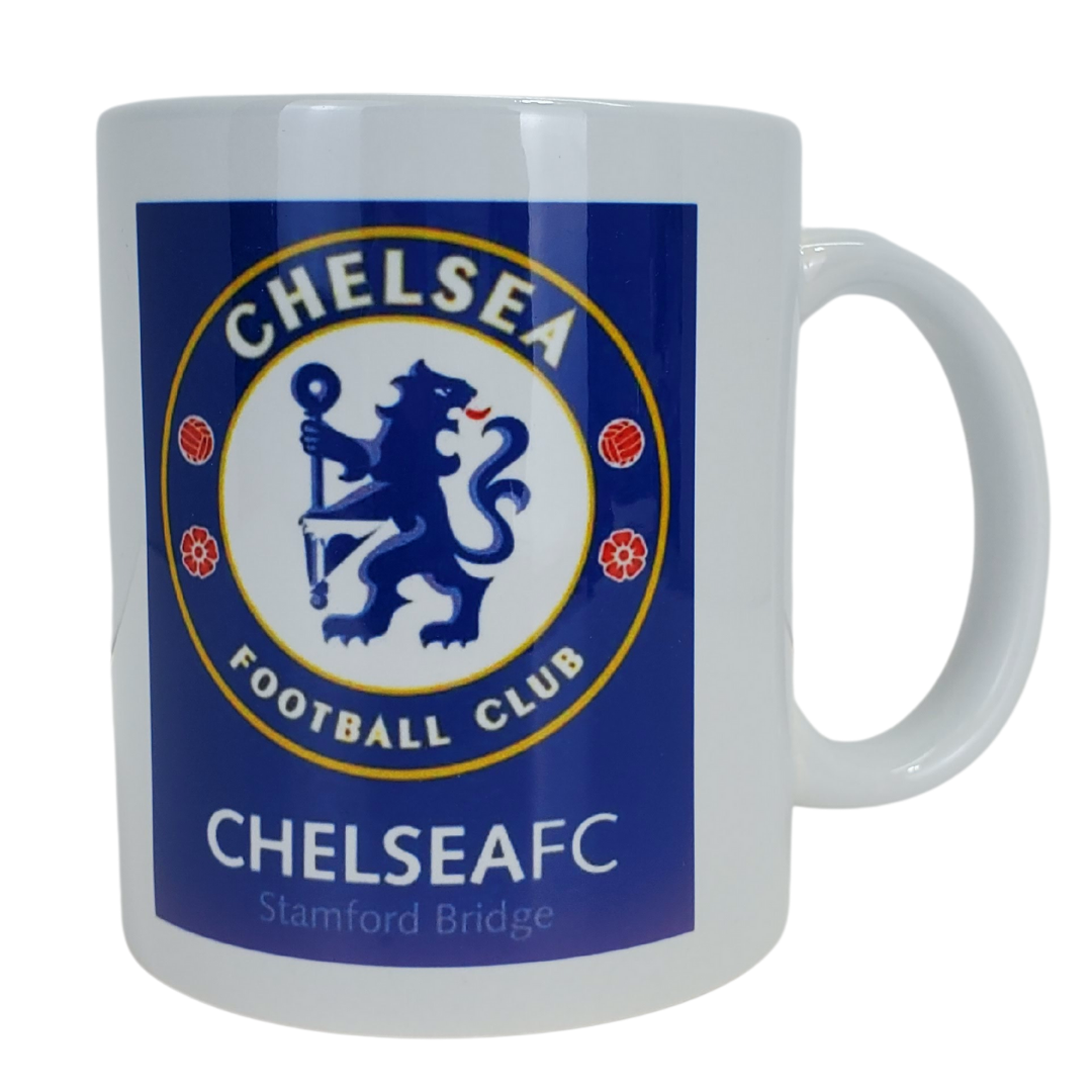 White coffee mug with blue background. On the background is the Chelsea football club logo. 