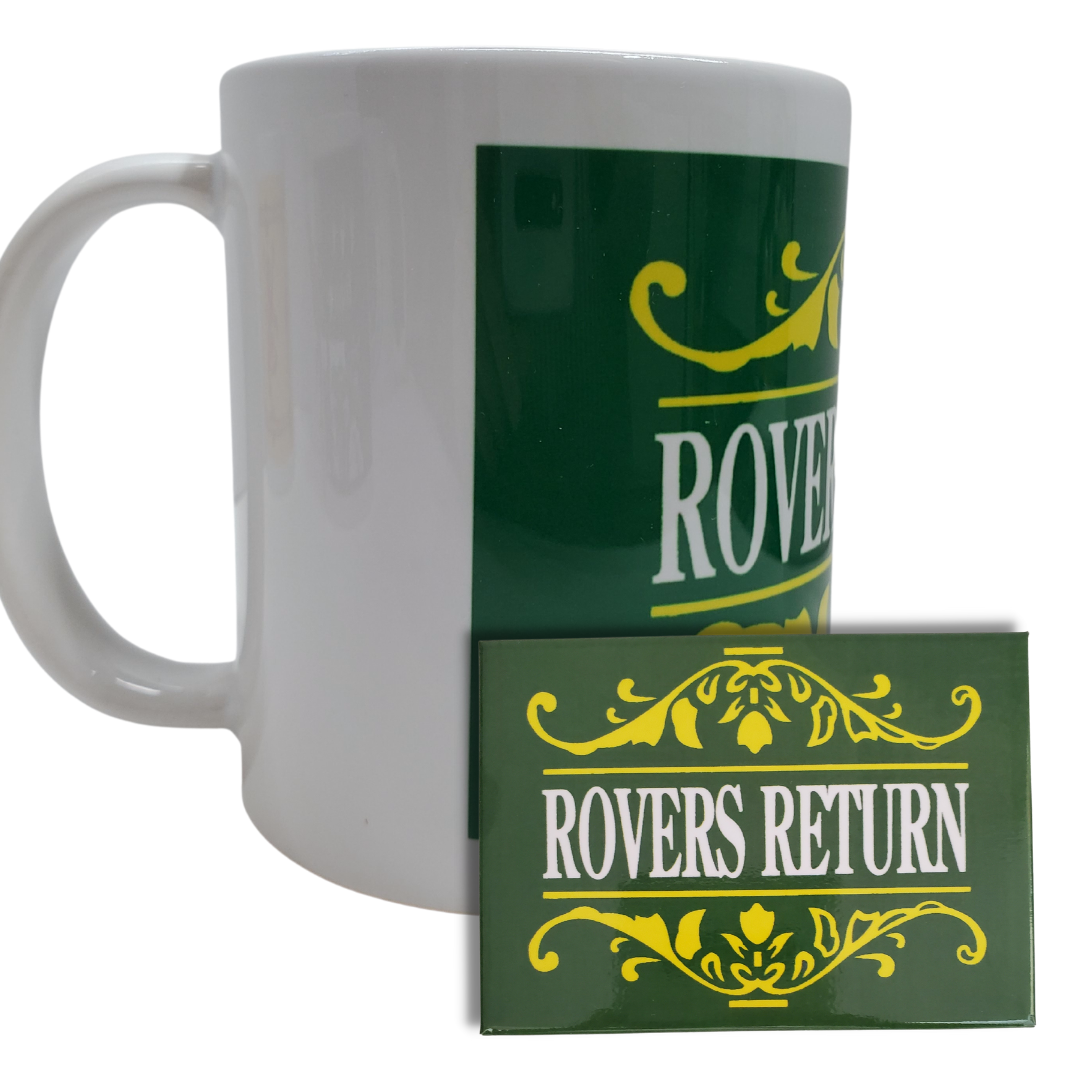 Combo View - Enjoy your morning brew in this Rovers Return Coronation Street themed coffee mug. Standard-sized coffee mug.   You can get a matching magnet for only $2.99 with the purchase of a mug! 