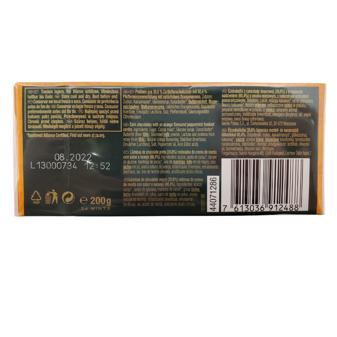 Back View of Box - Delightfully minty dark chocolate thins with a hint of orange. Orange peppermint fondant filling.  Size: 200g.  Imported from the UK