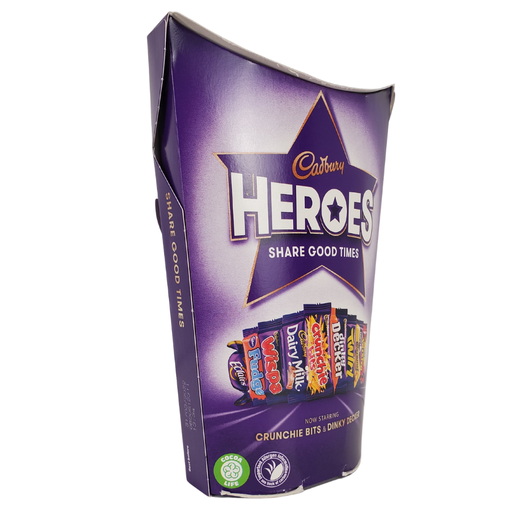 This Cadbury Heroes carton is the perfect size for sharing and snacking. This Heroes carton has a variety of chocolates and toffees.  Carton includes: Cadbury Eclairs, Cadbury Fudge, Cadbury Wispa, Cadbury Dairy Milk, Cadbury Crunchie Bits, Cadbury Dinky Decker, Cadbury Twirl, Cadbury Dairy Milk Caramel, and Cadbury Creme Egg Twisted. 