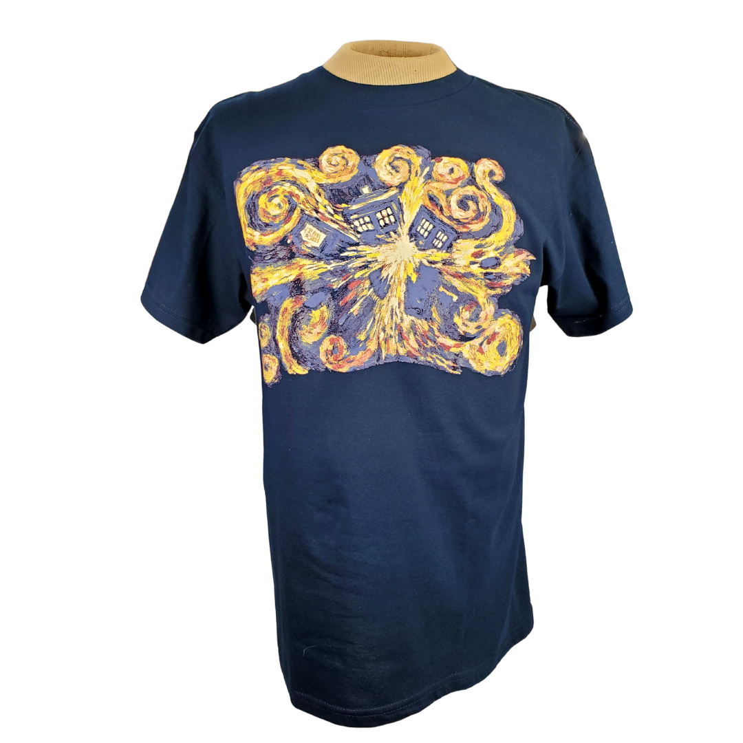 This Dr. Who T-shirt is the perfect gift for the fans of the franchise! This shirt is in a beautiful navy blue with an abstract print design. 100% cotton.