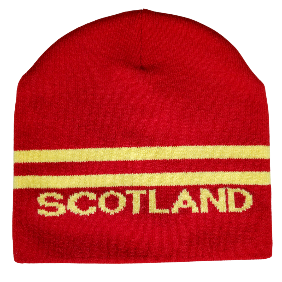 Stay warm in cozy in this Scotland knitted toque. This toque features the Lion Rampant the official symbol of the royal family on one side and features the text "SCOTLAND" on the front. This knit toque is a beautiful crimson and with yellow gold accents. The cold weather will not prevent you from showing off Scottish pride!  One size fits most with the soft stretch fit fabric. 