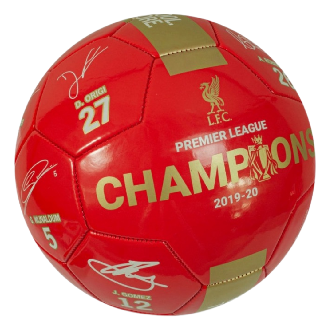 This Size 5 Official Liverpool Red EPL Champions Signature Football is perfect for any fan who likes to kick about in the summer. This football features various signatures from famous players, and the L.F.C. club crest printed in the middle. This is the perfect gift for the young L.F.C. football fan!
