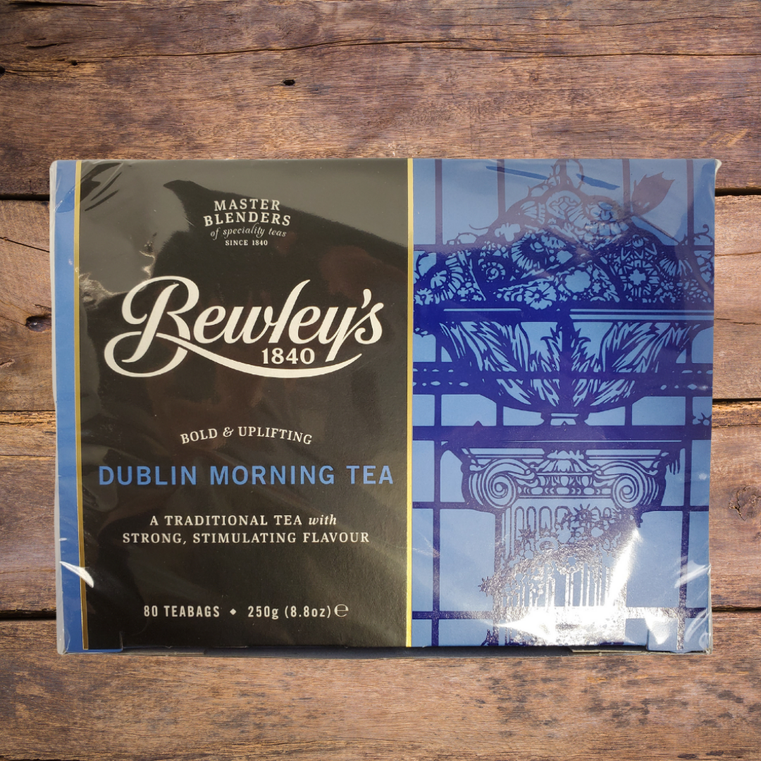 Brewley's Dublin Morning Tea - Top of Box View - A traditional tea with strong, stimulating flavour. Bewley's has blended some of the finest quality teas since 1840. This box of tea comes with 80 tea bags.