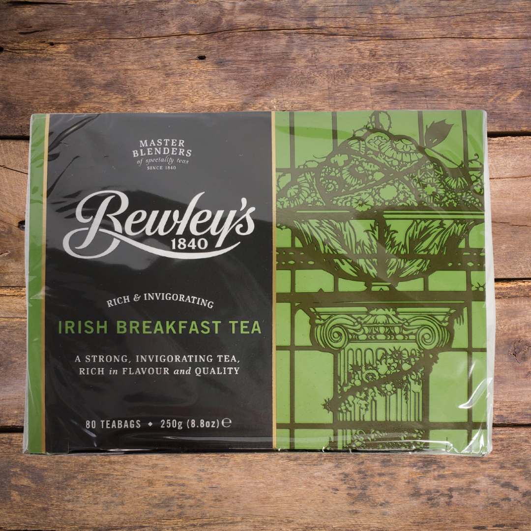 Brewley's Irish Breakfast Tea - Front View of Box - A strong invigorating tea, rich in flavour and quality. Bewley's has blended some of the finest quality teas since 1840. This box of tea comes with 80 tea bags.
