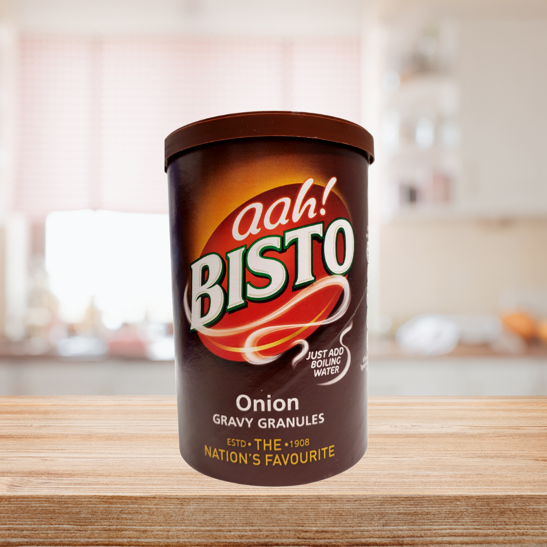 Bistro onion gravy granules. UK's favourite gravies. Easy to make. Just combine four heaping teaspoons of Bistro granules with 280mL of boiling water; Stir until homogenous and smooth to enjoy.