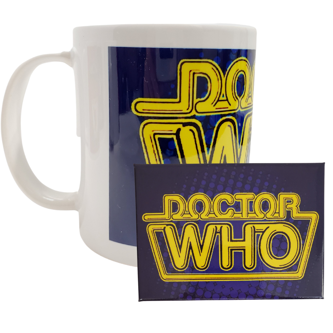 Mug & Magnet Combo - Enjoy your morning coffee or tea with this Dr. Who drinking mug. White ceramic mug with a vibrant blue and yellow. Standard-sized coffee mug.   You can get a matching magnet for only $2.99 with the purchase of a mug! 