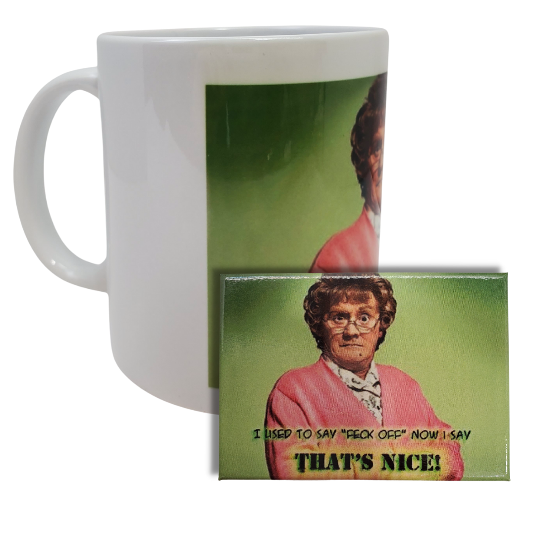 Mug and Magnet Combo - You're going to feckin' love this coffee mug! This coffee mug is perfect for the Mrs.Brown's boys fans! Featuring a cartoon image of Mrs.Brown with the text "I USED TO DAY "FECK OFF BUT NOW I SAY THATS NICE!" Standard sized coffee mug.   Get the matching magnet for only $2.99 with the purchase of a mug!